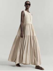 Ontre 2026SS Women's Solid Color Sleeveless Dress, Casual Minimalist, Flared Skirt, Simple Camisole Dress, Leisure & Holiday, Versatile, Essential Spring/Summer Clothing - Brown - View 1