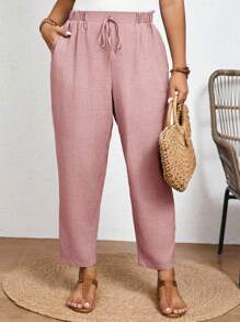 Elaquor Plus Size Solid Color Casual Trousers With Elastic Waist And Diagonal Pockets - Dusty Pink - View 3
