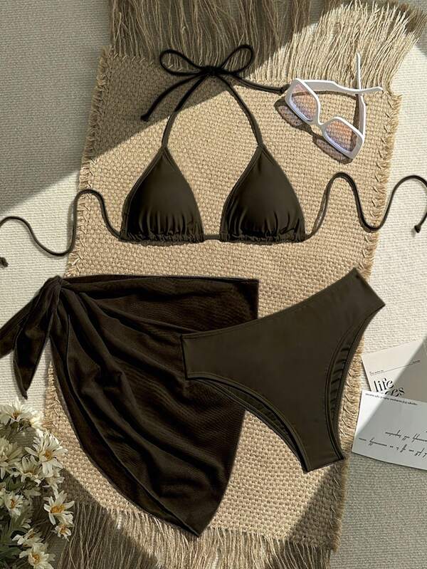 SHEIN Swim 3pcs/Set Solid Color Halter Twist Bandeau Bikini Top And Skirt, Swimsuit