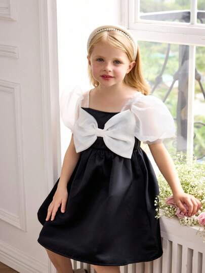 SHEIN Young Girl Woven Color Block Square Neck Puff Sleeve Fitted Dress
