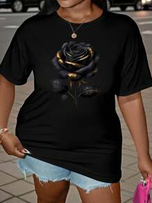 SHEIN LUNE 大码女式黑色和金色玫瑰印花圆领短袖舒适 T 恤