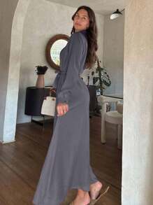 Cloudara Casual Style, Linen Look, Self Belted Maxi Shirt Dress, Suitable For Modest Long Casual Dress Long Sleeve Elegant Dress Gray Long Dress Long Shirt Dress Curve Long Dress Homecoming Old Money Style Women Autumn Clothes - Dark Grey - View 2