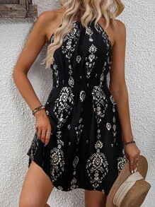 SHEIN Clasi 女式印花腰部喇叭形 A 字形度假休闲挂脖连衣裙