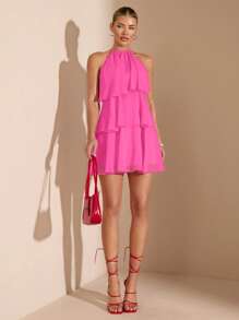 SHEIN BAE 夏季海滩度假纯红色层叠荷叶蛋糕雪纺迷你连衣裙，适合日常约会、夜间外出、夜总会、派对、聚会、鸡尾酒会、泳池派对、返校季服装、学校季连衣裙、节日连衣裙、芭蕾舞裙 - 玫紅色 - 查看 4