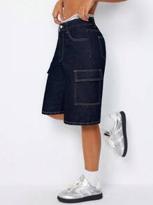 SHEIN ICON 女士休闲翻盖口袋宽松牛仔短裤，夏季