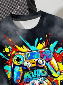 青少年男孩休闲简约卡通游戏图案圆领短袖T恤，适合夏季 - 彩色 - 查看 4