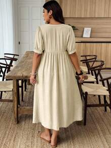 Weeklong Plus Size Solid Color Notched Neck Casual Short Sleeve Summer Dress - Apricot - View 2