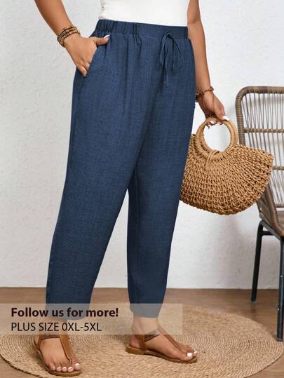 Elaquor Pantalones casuales de talla grande de unicolor con cintura elástica y bolsillos en diagonal