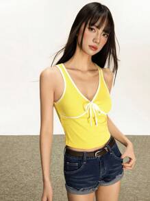 Rina Fox 女式复古设计蝴蝶结V领黄色背心 - 黃色 - 查看 2