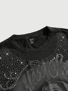 ROMWE MEN Street Life Camiseta de manga corta para hombres con gráfico de Madre Santísima y bordado de rhinestones, adecuada para uso diario en primavera/verano