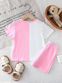 Young Girl Casual Simple Cute Cartoon Print Short Sleeve Round Neck T-Shirt & Shorts Set, Suitable For Summer