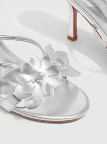 CUCCOO SZL Women's Silver Metallic PU Floral Decor Fashion Sexy Nightclub Elegant Strap Open Toe High Heel Mules - Silver - View 9