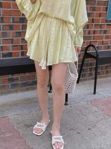 DAZY Ensemble 2 pièces pour femmes, top à manches longues ample avec décor de perles de style bohème et shorts. Tenue décontractée de style vacances, ensemble court pour femmes