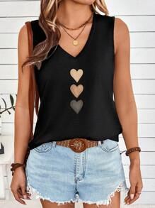 SHEIN LUNE Plus Size Women's Simple Versatile Triple Color Heart-Shaped V-Neck Tank Top, Suitable For Summer