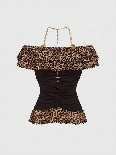 J-Fashion Y2K Gyaru Vintage Leopard Muster Strass Metall Kette Träger Hals Rüschen Saum Bodycon Frauen Große Größen T-Shirt