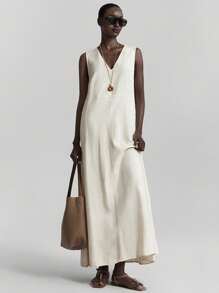 Ontre 2025女式无袖纯色连衣裙，休闲简约，优雅风格，适合日常通勤，白色连衣裙，波西米亚风夏装 - 白色 - 查看 2