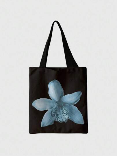 Fairycore Bolsa de lona reutilizable con estampado floral, bolso de hombro con patrón de lirios azules, adecuado para ir de compras