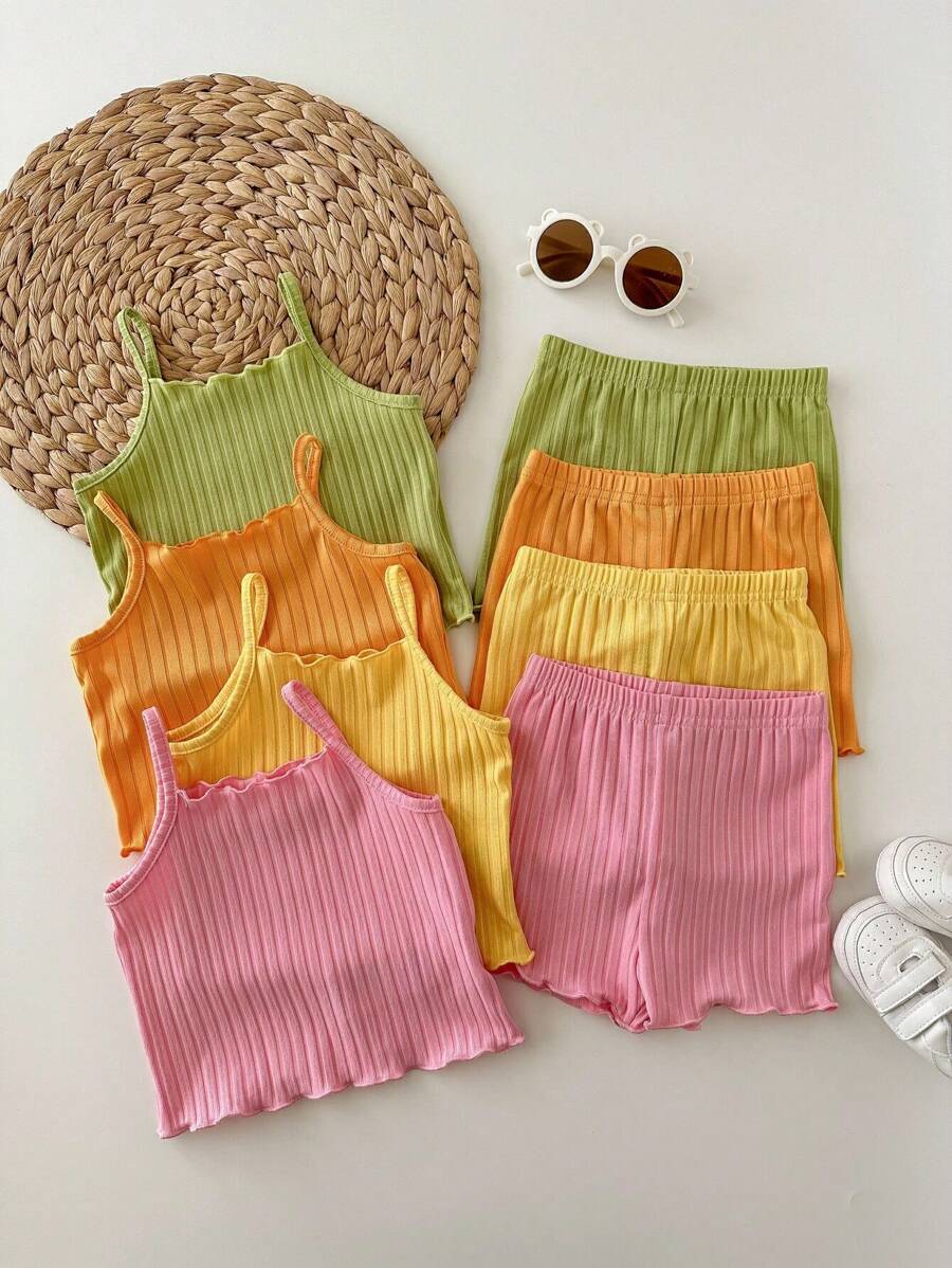 SHEIN 8pcs/Set Young Girl Solid Color Knit Camisole Top And Shorts Set - Multicolor - View 1