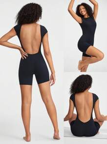 GLOWMODE 6" FeatherFit™ Backless Full Coverage Sports Romper Low Impact Yoga Daily - Black - View 10