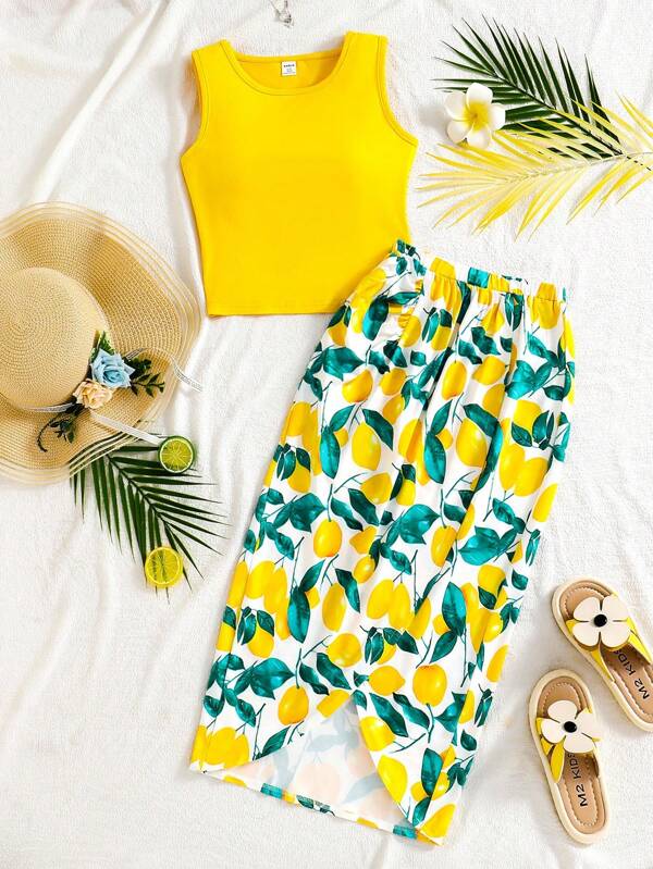 Wildeya Tween Girls Summer Vacation Minimalist Solid Color Tank Top And All-Over Lemon Print Wrap Hem Skirt Set