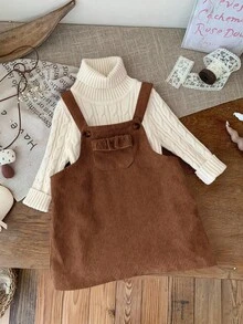 SHEIN LMoss Kids LMoss 女婴可爱粉色灯芯绒连体衣，适合秋冬季 - 棕色 - 查看 6