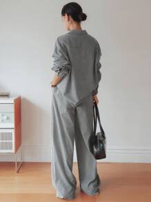 Dazy-Less Conjunto informal de 2 piezas para mujer para primavera/verano - Blusa holgada a rayas/cuadros y pantalones rectos para oficina/vacaciones, conjunto de ropa de estar en casa para mujer de negocios casuales - Blanco y Negro - Ver 3