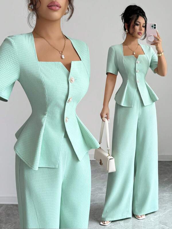 Elenzga Set nou elegant de 2 piese pentru femei, design francez, bluză slim fit cu guler pătrat și pantaloni largi, primăvară/vară