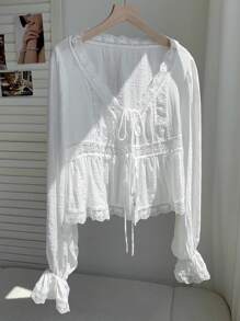 Comfortcana Casual Viscose Top In White With Delicate Lace Details And Regular Hem White Lace Blouse Cotton Blouse Boho Top Peasant Blouse - White - View 4