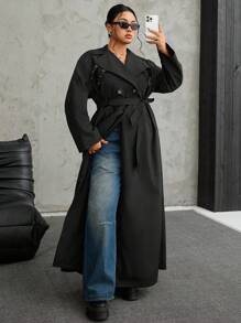 SHEIN EZwear 加大码双排扣纯色休闲长袖长款风衣加大码超大外套 - 黑色 - 查看 7