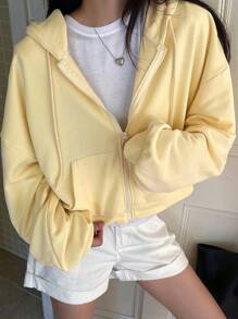 DAZY Áo khoác nỉ nữ dáng rộng, có mũ, khóa kéo, thích hợp cho mùa thu đi học. - Màu vàng - Xem 4