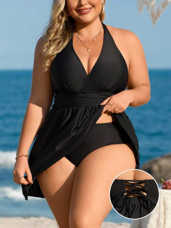 Swim Lushoire Plus Size Women 2pcs Solid Color Fashionable Backless Drawstring Top And High Waist Triangle Bottoms Casual Swimsuit For Summer Beach Vacation