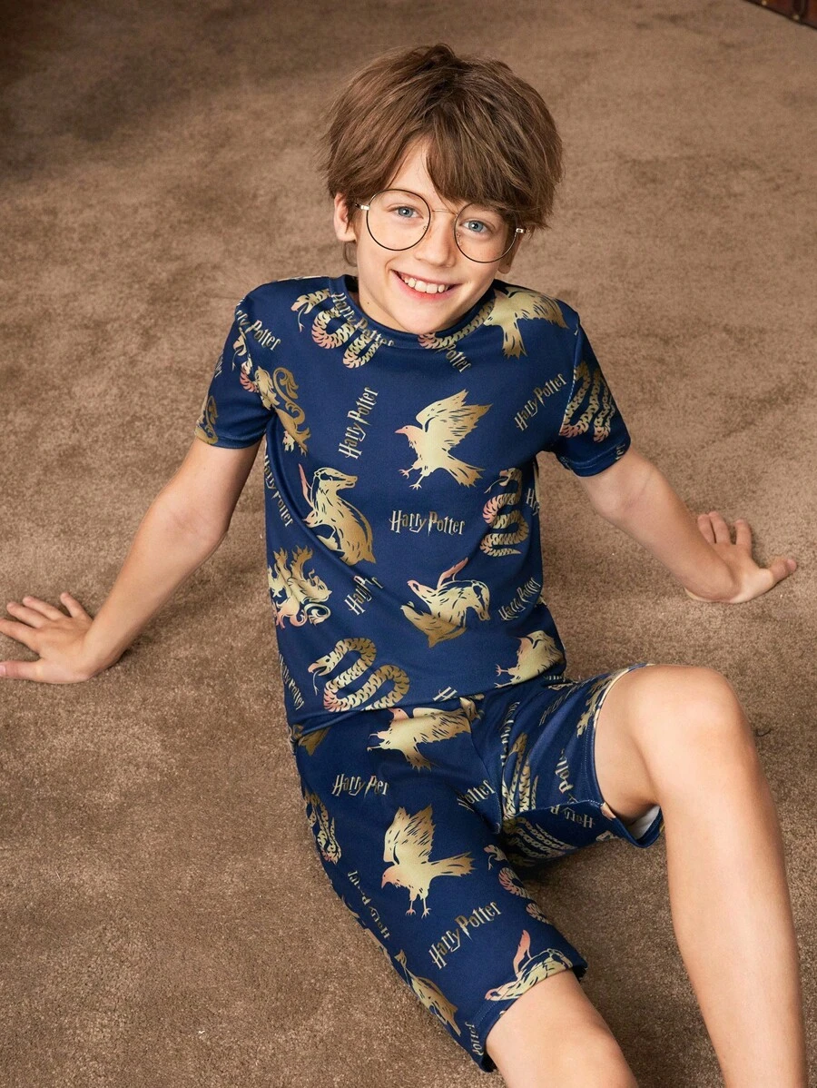 HARRY POTTER X SHEIN Tween Boy Summer 4 School Logo Foil Print Elastic Stripe Tight Pajama Set