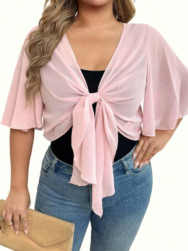 DAZY Plus Size Women's Solid Color Chiffon Shawl Collar Tie-Front Cardigan, Suitable For Evening Gowns
