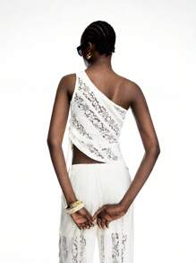 LYSMO Women's Elegant Solid Color Lace Asymmetric Top - Beige - View 2