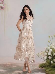 SHEIN MOD 女士蝴蝶亮片荷叶边下摆奢华吊带中长连衣裙 - 彩色 - 查看 6