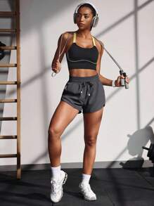 Powerista Casual Letter Printed Drawstring Waist Sports Shorts - Dark Grey - View 6