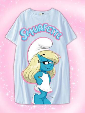 The Smurfs X SHEIN 大码女式卡通字母图案落肩宽松短袖睡袍，夏季