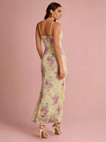 Enchnt Summer Romantic Women's Butter Yellow Floral Print Lace Sweetheart Neck Ruffle Hem Backless Slip Mermaid Maxi Dress,Sweet&Elegant For Vacation&Date&Holiday&Birthday&Party&Graduation&Wedding Guest&Beach,Prom Dress,Summer Dresses For Women,Sun Dresses For Women,Summer Clothes,Summer Outfits For Women,Elegant Dresses For Party, - Yellow - View 7