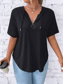 SHEIN LUNE Plus Size Solid Color Short Sleeve Hooded T-Shirt, Fashionable For Summer - Dark Grey - View 3