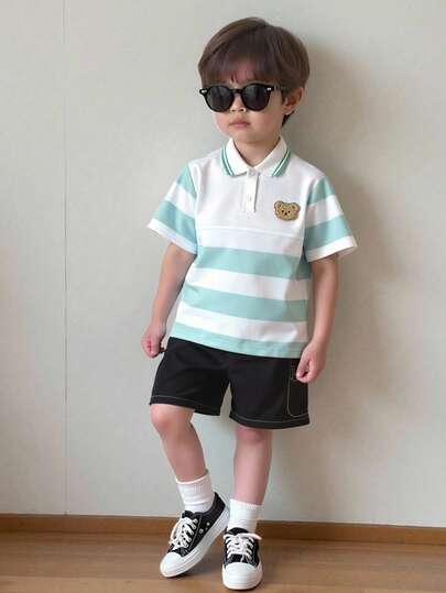 SHEIN Cute Casual Daily Versatile Comfortable Fashionable Striped Bear Graphic Polo Shirt & Black Shorts Set