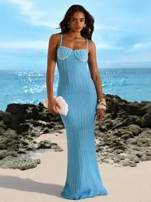 Opulessa 露背珍珠装饰贝壳图案修身毛衣裙，适合女士度假和休闲穿着 - 藍色 - 查看 7