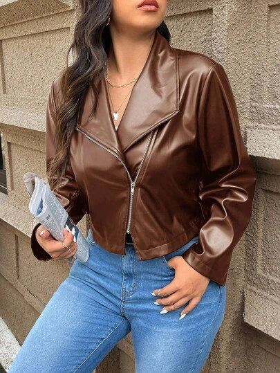 SHEIN Frenchy 大码时尚拉链摩托车PU皮夹克