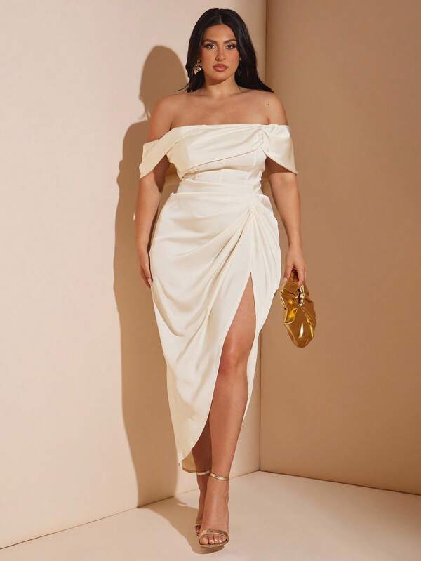 SHEIN BAE Vestido midi elegante de talla grande con bajo asimétrico, vestido de novia/dama de honor/fiesta, vestido de invitada de boda para mujer