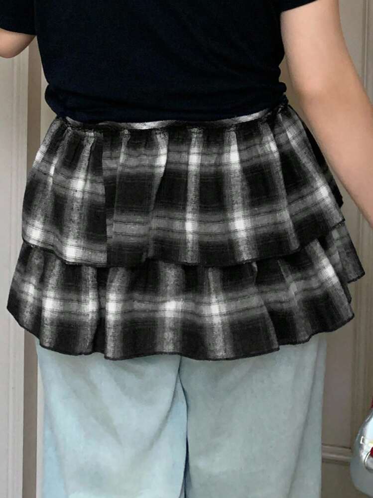 Dazy Plus Saia Evasê Casual de Estilo de Rua com Estampa Xadrez e Amarração na Cintura para Mulheres Plus Size, Outono - Preto - Visão 2