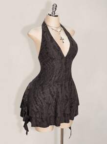 SHEIN ICON 加大码不对称荷叶边下摆露背连衣裙，Y2K 风格 - 深灰色 - 查看 5