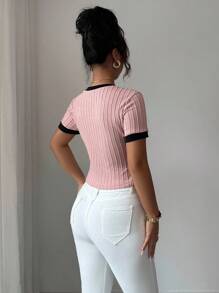 Elenzga 女式复古拼色不对称设计短袖T恤 - 粉色 - 查看 2