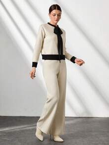 CLARA VERO Woman Bow Tie Neck Contrast Detailed Sweater And Pants Two Pieces Set - Beige - View 4