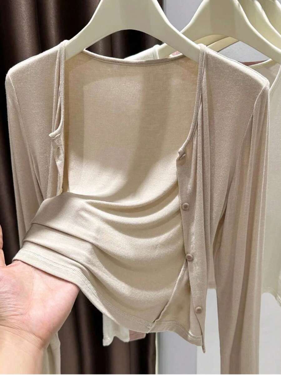 INAWLY 女式休闲纯色前扣薄款夹克 - 卡其色 - 查看 1