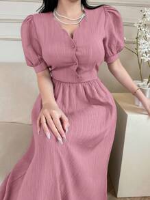Feyla Women's Elegant Solid Color Puff Sleeve Dress - Pink - View 6