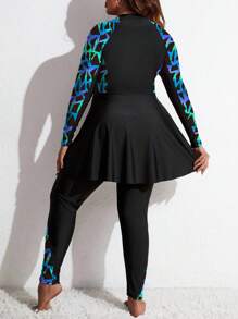 Swim Mulvari Bộ đồ bơi Burkini 2 mảnh size lớn, áo dài tay casual và quần legging cho kỳ nghỉ bãi biển mùa hè - màu đen - Xem 2